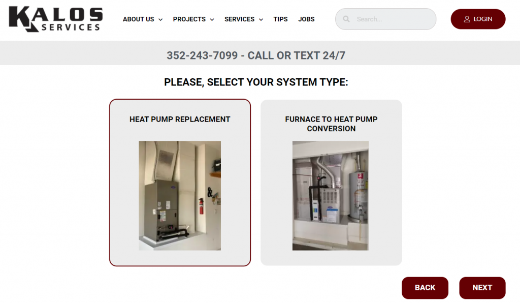 Instant-quote requires you to select whether you currently have a heat pump or a furnace system.