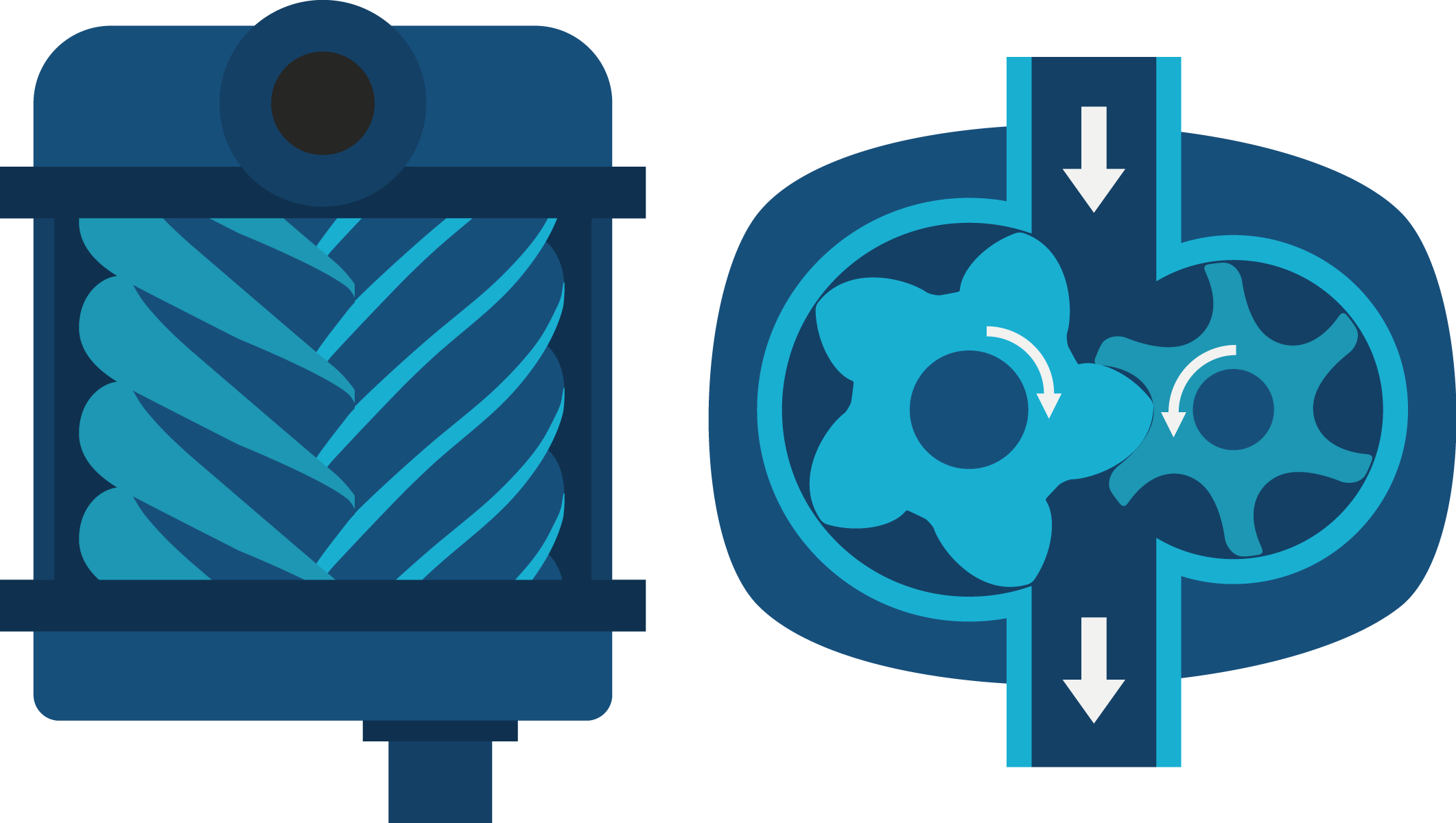 A diagram of the inside of a screw compressor showing where and how gas compression occurs.