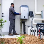 Kalos technician servicing an outdoor pool heating system at a Central Florida home.