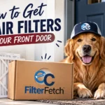 Golden retriever sitting at a front door beside A/C air filters and a FilterFetch delivery box, showing how to order HVAC filters for home delivery.