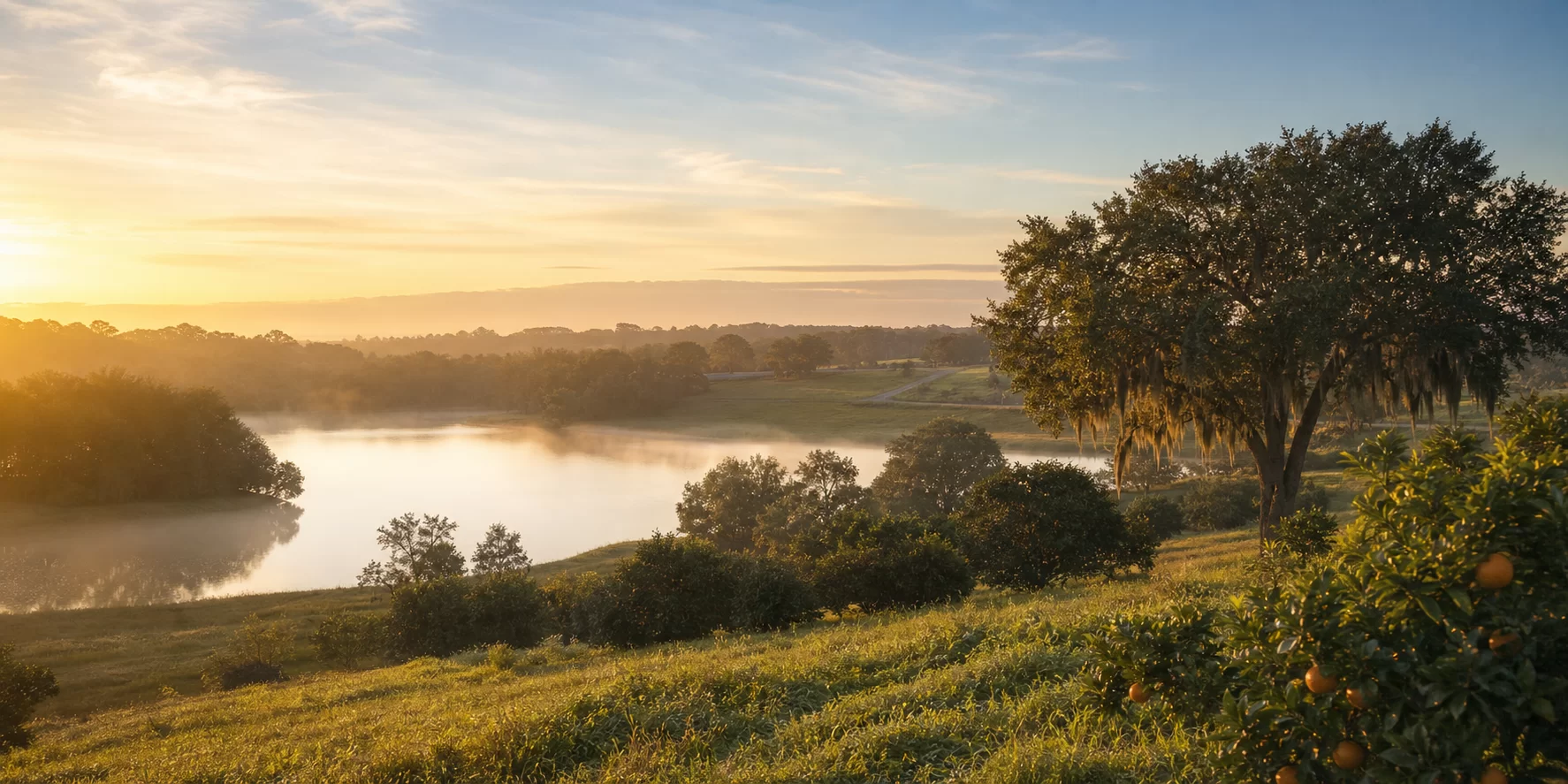 Rolling Lake County hills, citrus trees, live oaks, and a quiet lake representing Ferndale, Florida